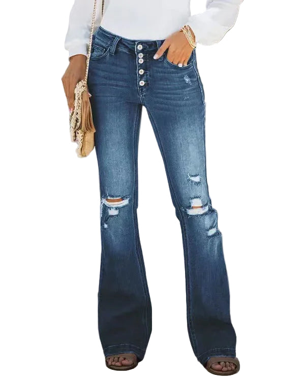 Kvinners Ripped Low-Rise Denimjeans med Knappelukking 0