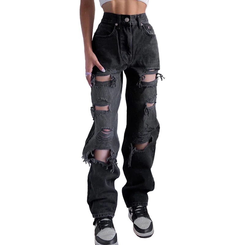 Kvinners Rippede Denimjeans med Rå Hem 0