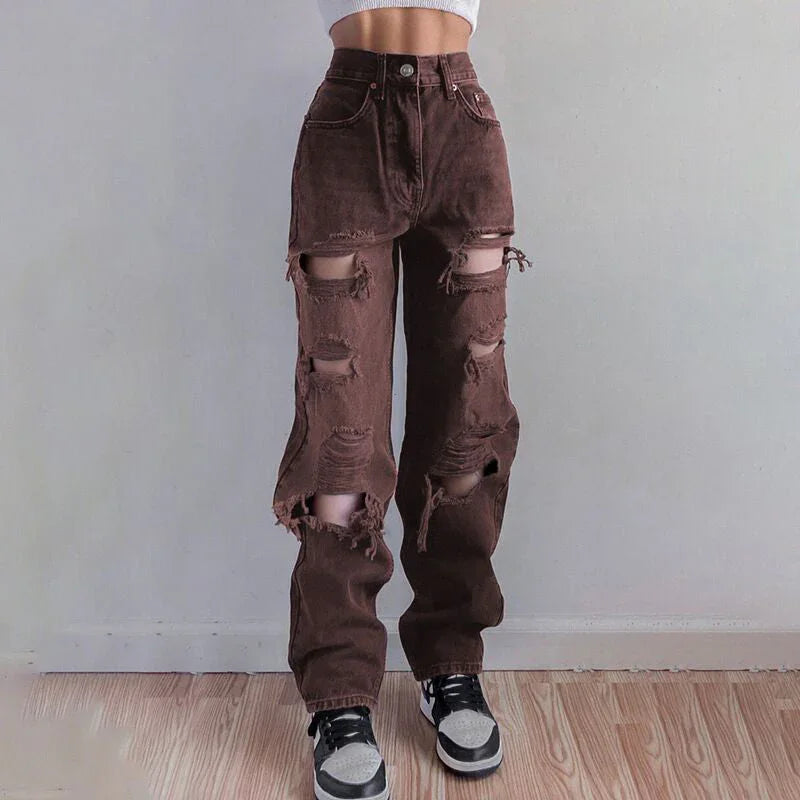 Kvinners Rippede Denimjeans med Rå Hem 1