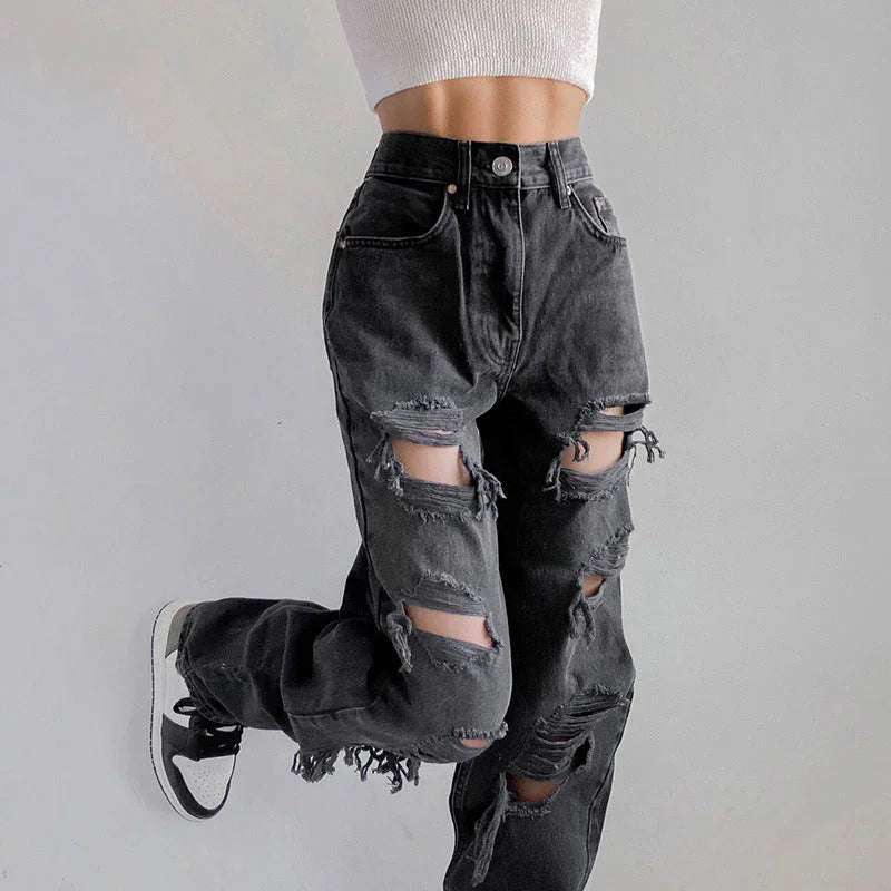 Kvinners Rippede Denimjeans med Rå Hem 3