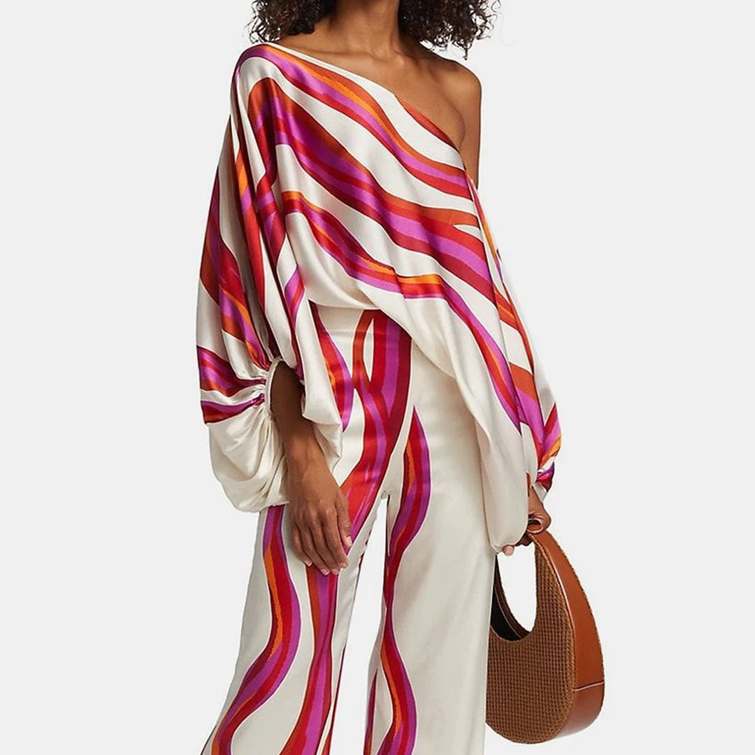 Kvinners To-delt Sommersett med Off-Shoulder Lantern Ermer 1