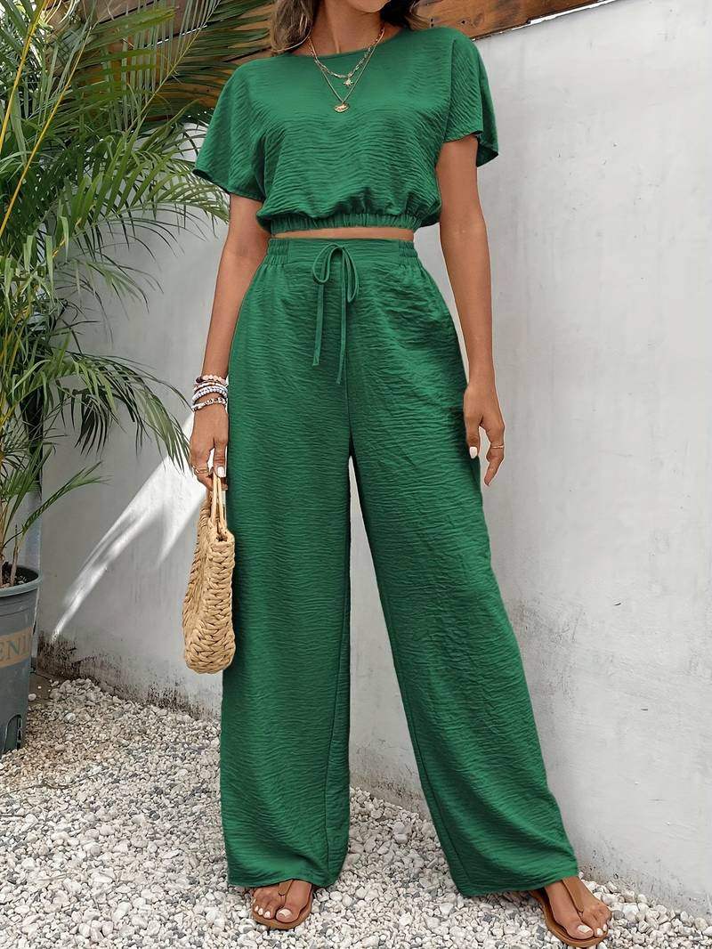 Kvinners Todelt Sett Kortermet Topp og Brede Bukser 1