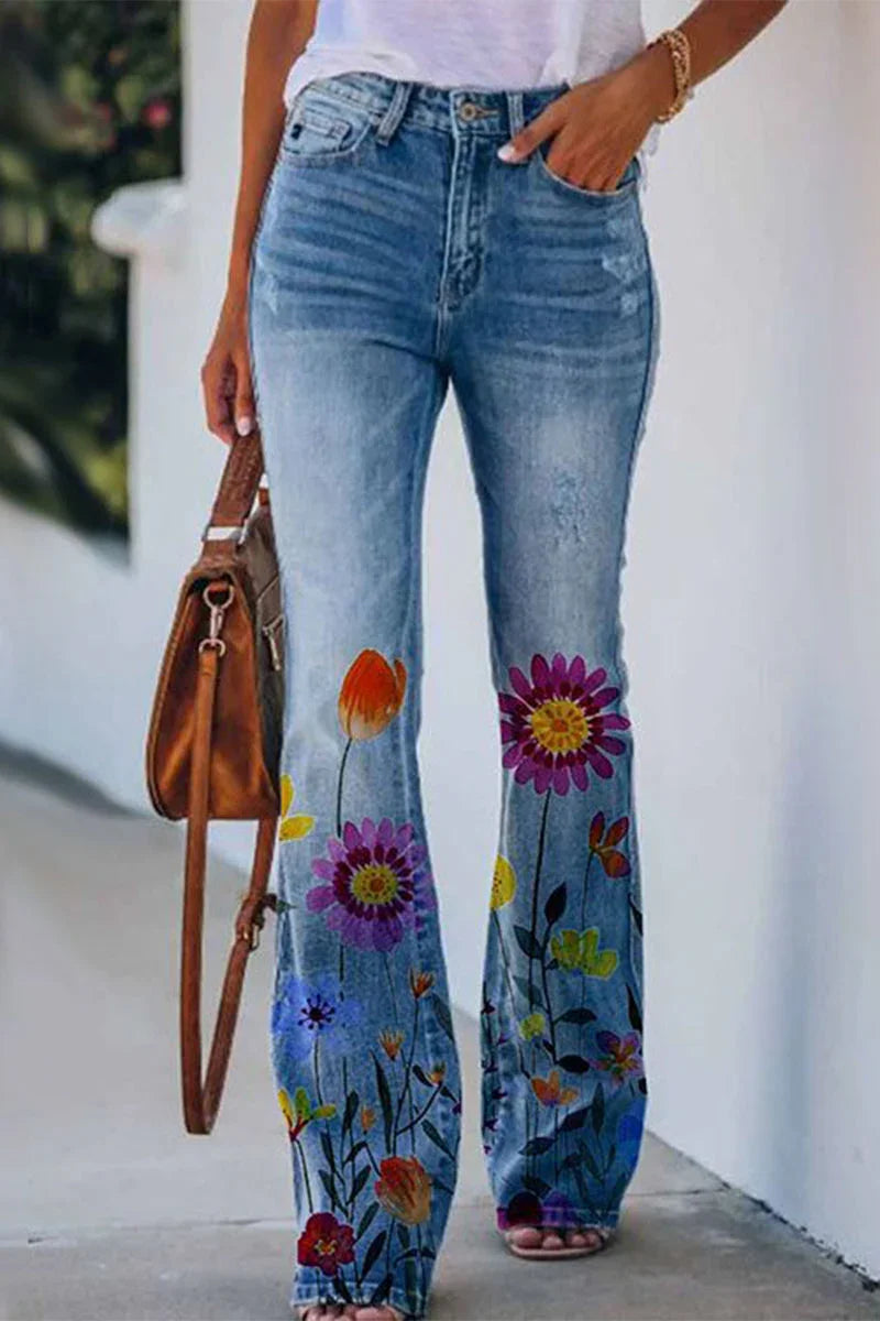 Kvinners Vanlige Denim Jeans med Blomsterlommer 1