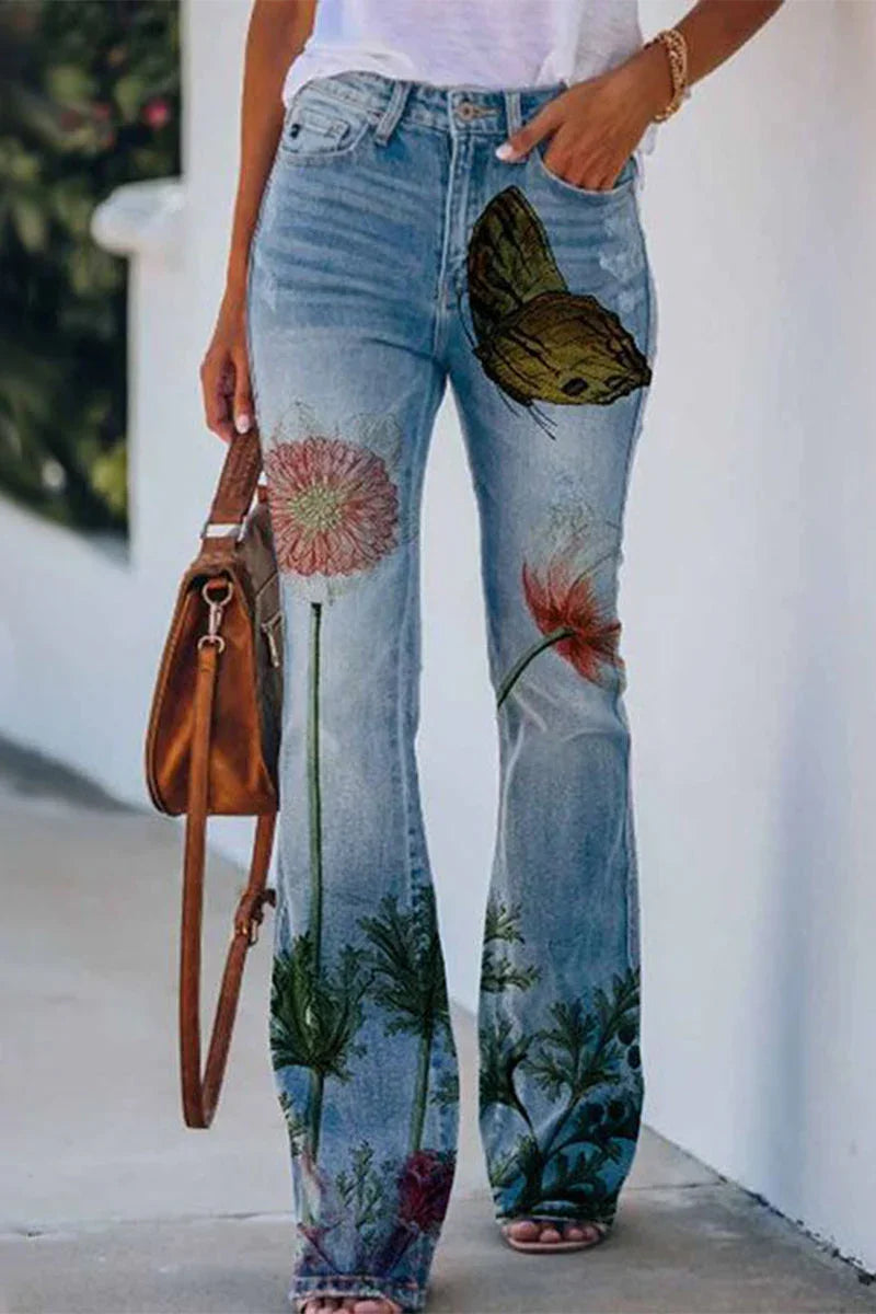 Kvinners Vanlige Denim Jeans med Blomsterlommer 2