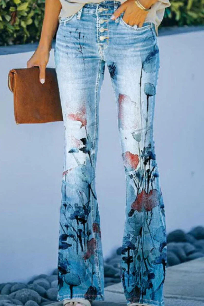 Kvinners Vanlige Denim Jeans med Blomsterlommer 7