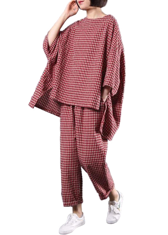 Kvinners Vintage Bluse og Bukser Sett i Rødt Rutete 0