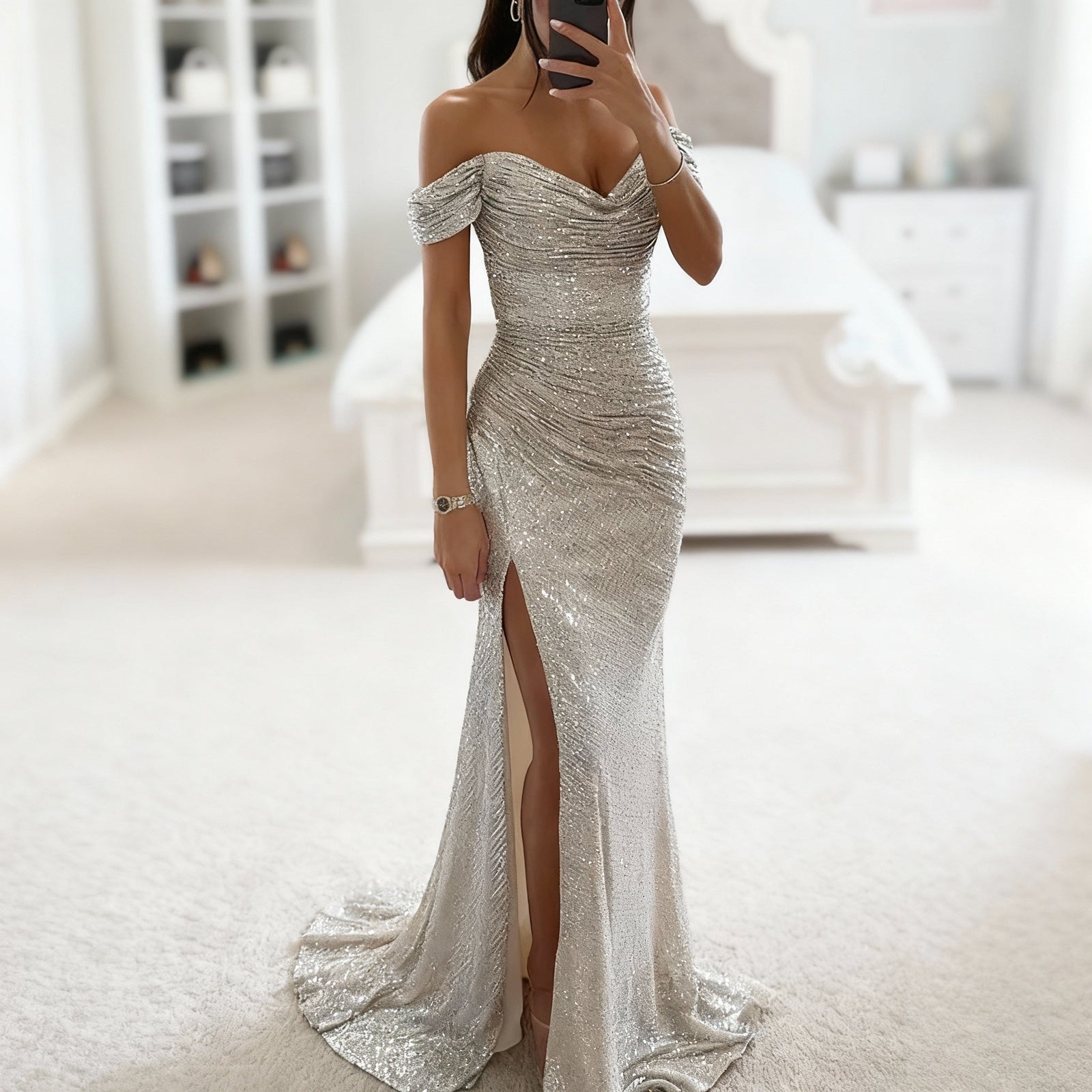 Kvinnes Aftenkjole Off Shoulder med Splitt 3