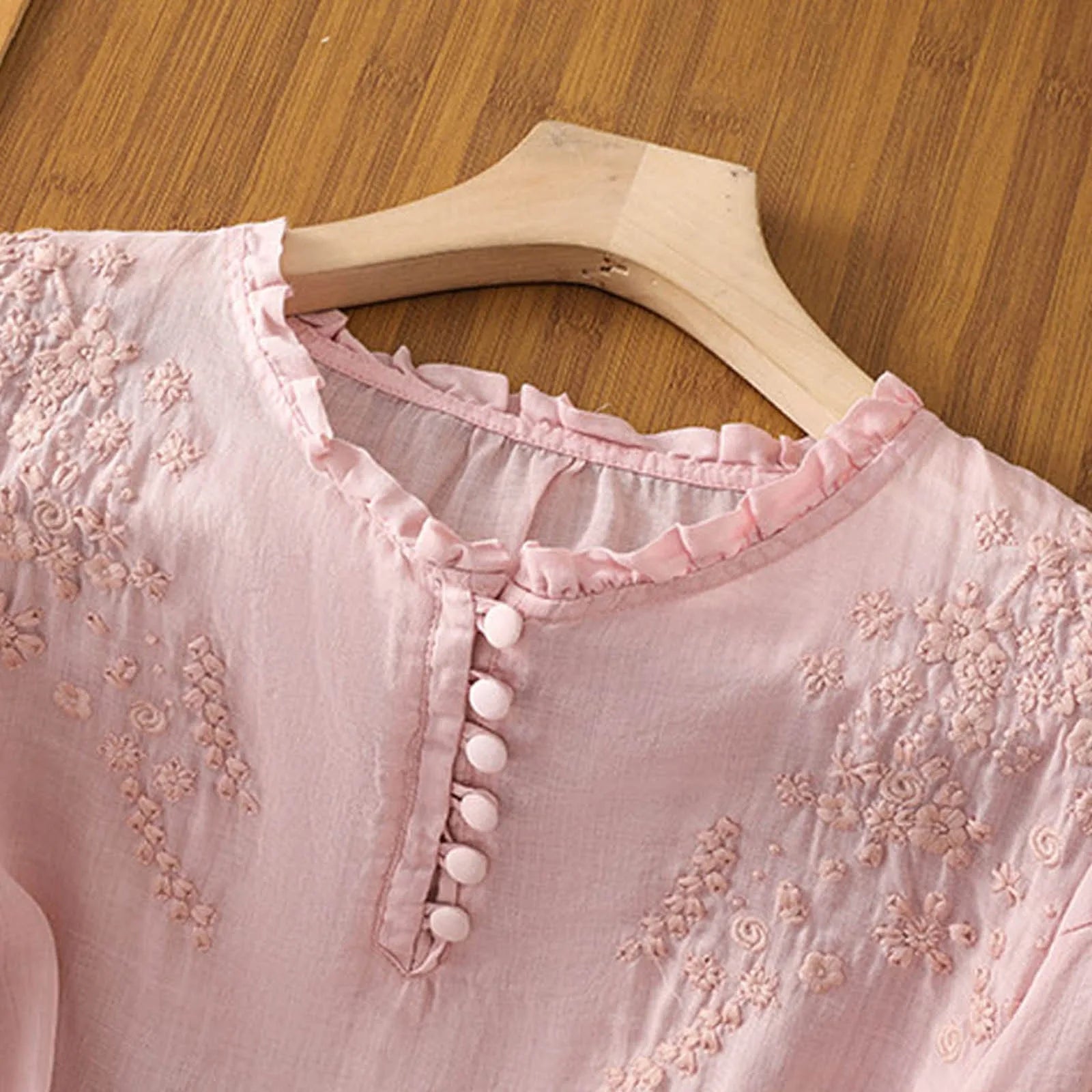 Kvinnes Bluse Med Klassisk Knapp Front og Broderi 3
