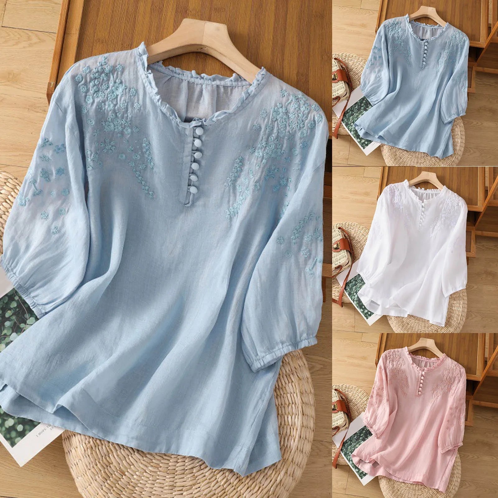 Kvinnes Bluse Med Klassisk Knapp Front og Broderi 4