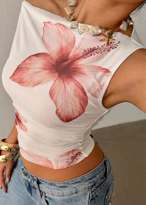 Kvinnes Korte Topper med Skråhals og Blomsterdesign 2