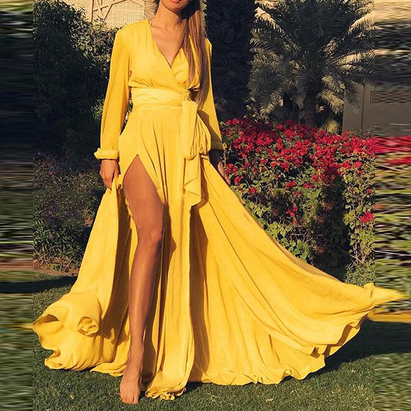 Kvinnes Maxikjole med Splitt og V-Hals - Allsidig Maxi Kjole til Bryllup og Anledning 2