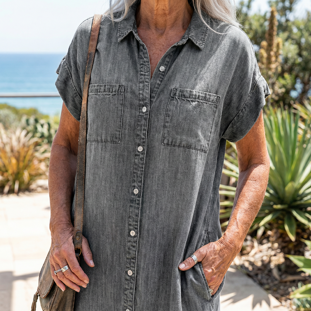 Kvinnes Uformell Kjole med Denimtrykk 2