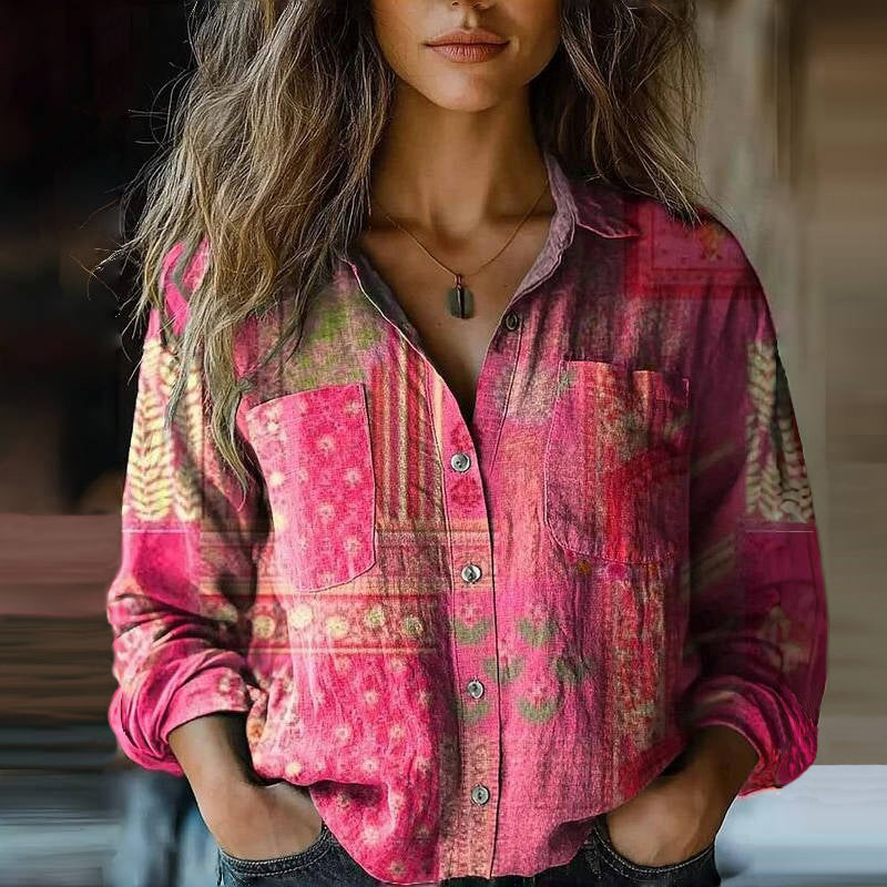 Kvinnes Vintage Bluse Bohemsk Mønster Uformell 3