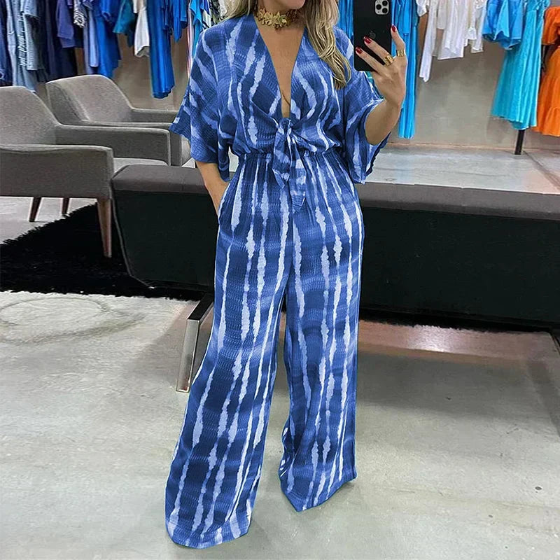 Dame Jumpsuit Dyp V-hals Flytende Silhuett Lett Stoff-1
