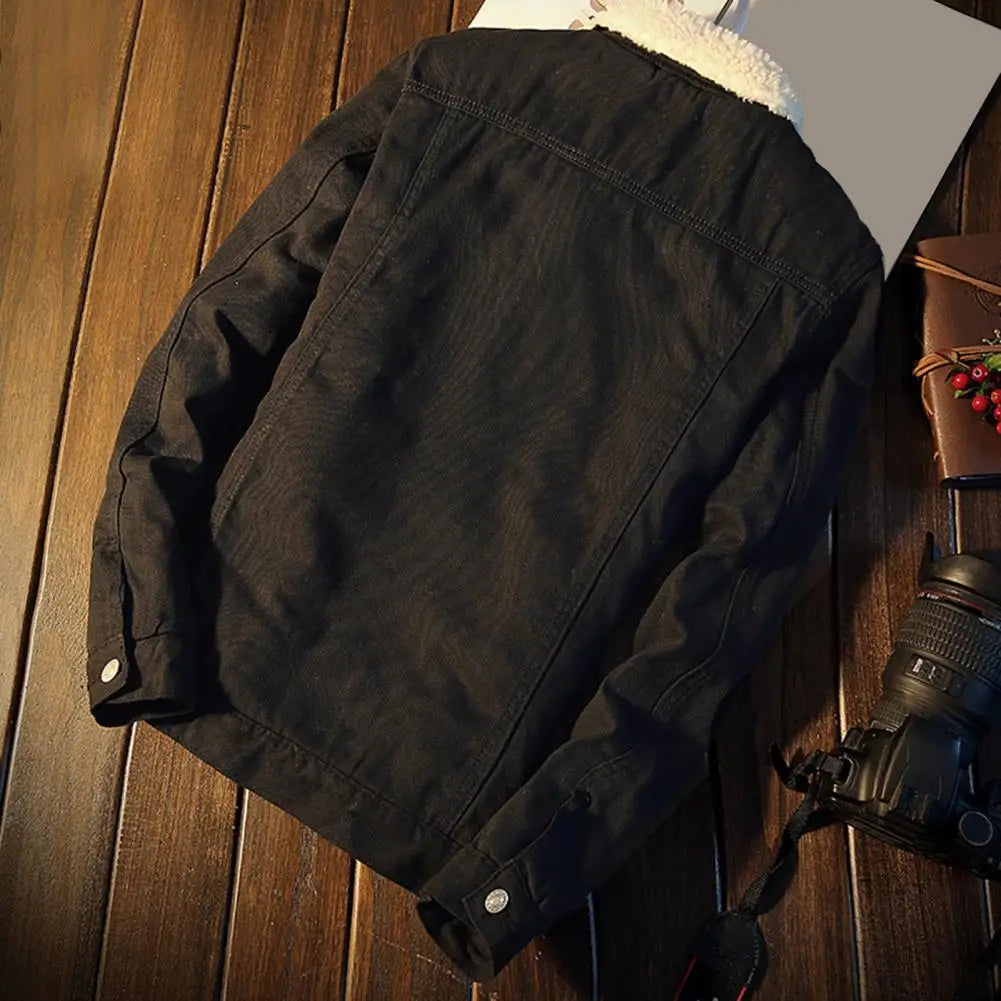 Herre Frakk i Denimfleece for Høst og Vinter, Klassisk Stilig Jakke til Menn-5