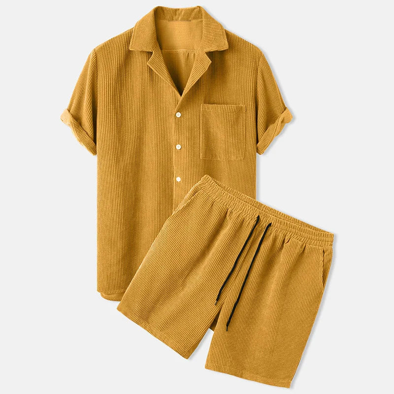Herre Kordbukser og Skjorte Sett Kord Komfortabel Sommer Outfit-1