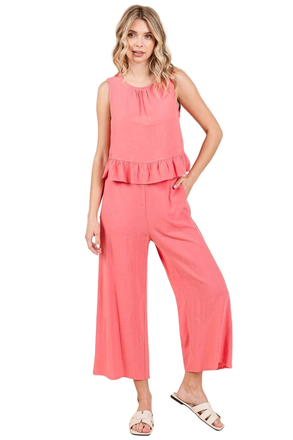 Matchende Sett Dame Ruffle Tank Top og Vide Bukser i Lin 1