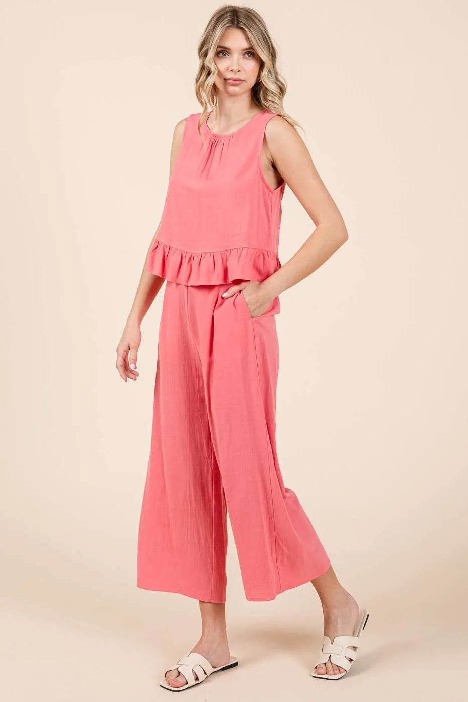 Matchende Sett Dame Ruffle Tank Top og Vide Bukser i Lin 2