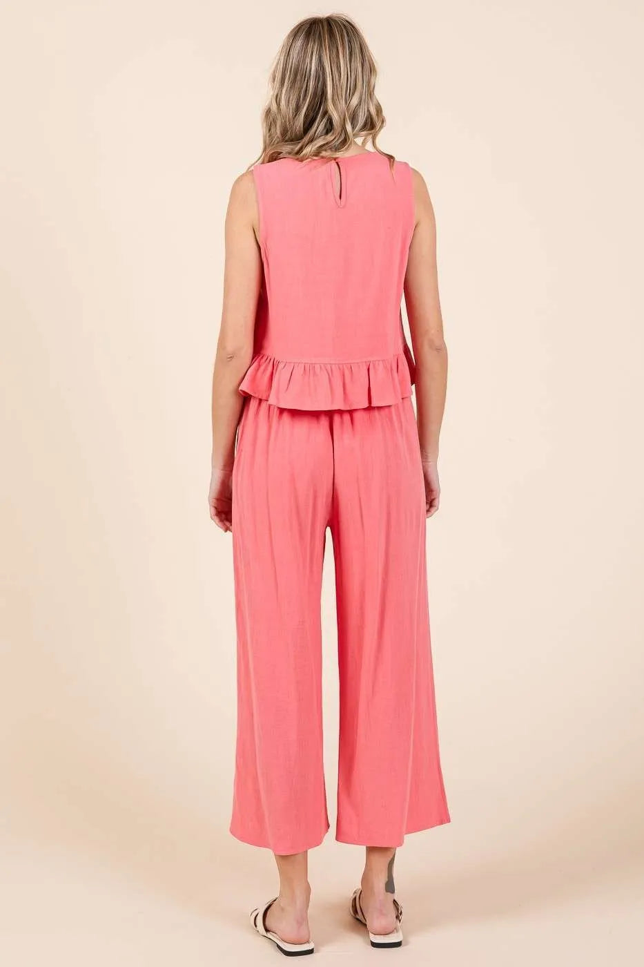 Matchende Sett Dame Ruffle Tank Top og Vide Bukser i Lin 4