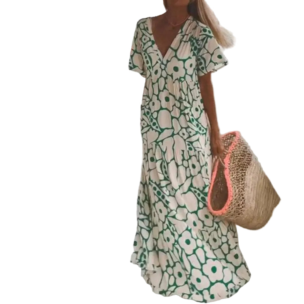 Maxi Kjole Dame Bohemian Stil med V-hals og Korte Ermer 0