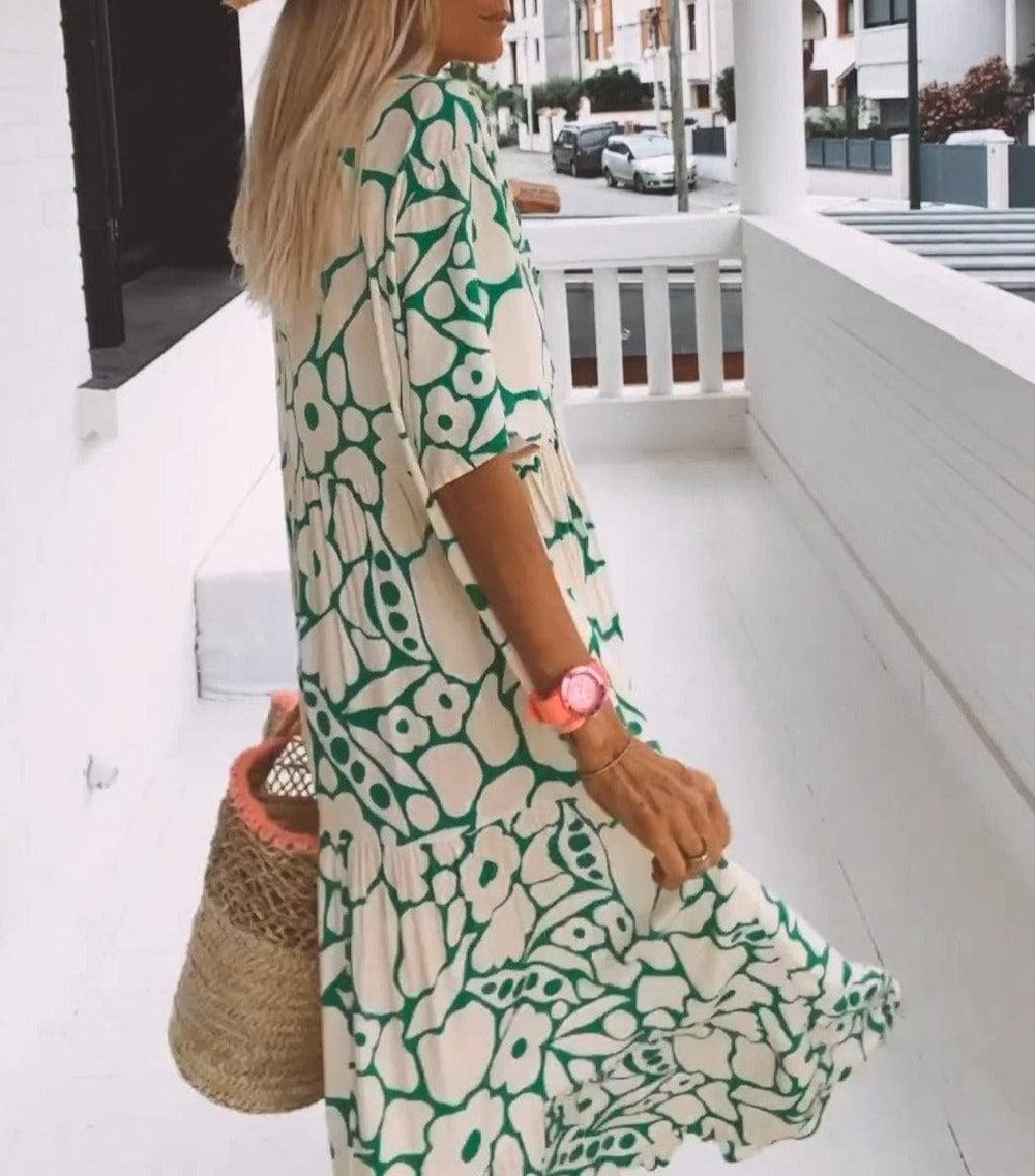 Maxi Kjole Dame Bohemian Stil med V-hals og Korte Ermer 1