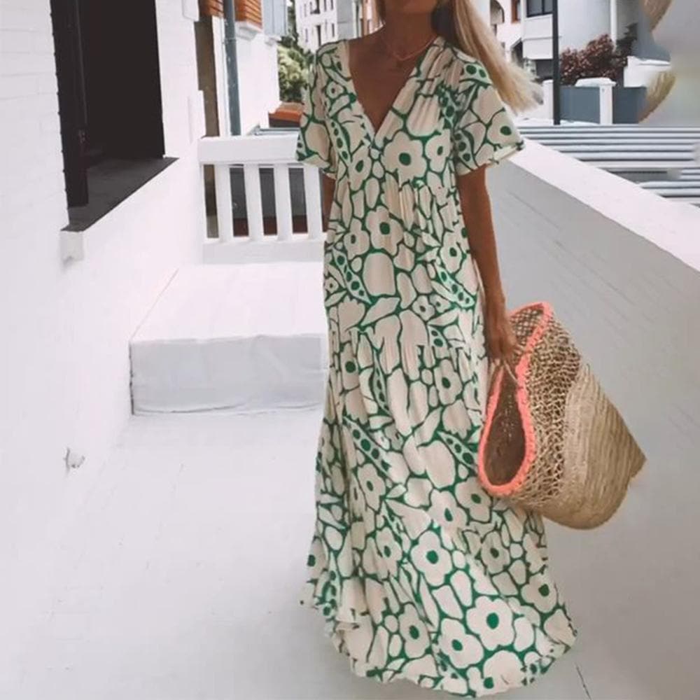 Maxi Kjole Dame Bohemian Stil med V-hals og Korte Ermer 4
