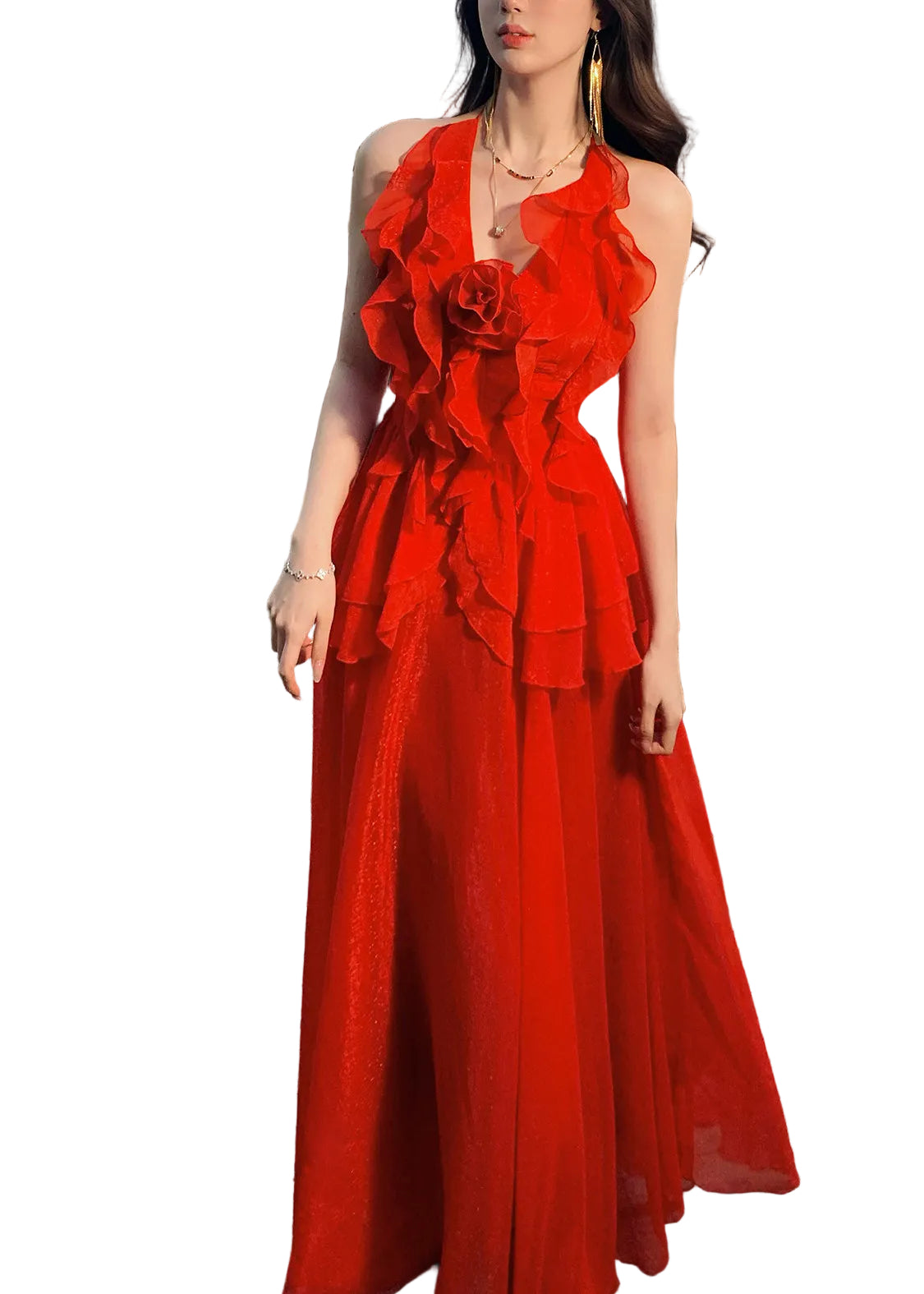 Maxi Kjole Dame med Rysjer og Patchwork Design 1