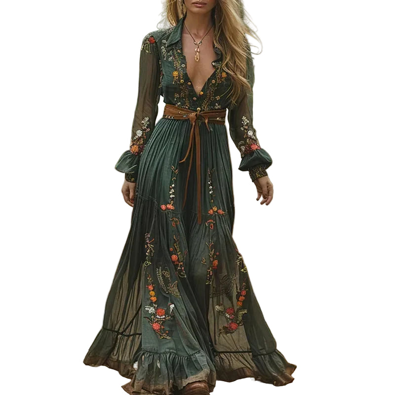 Maxikjole Dame Boho Stil med Dyp V-Utrigning og Lange Ermer til Bryllup 0