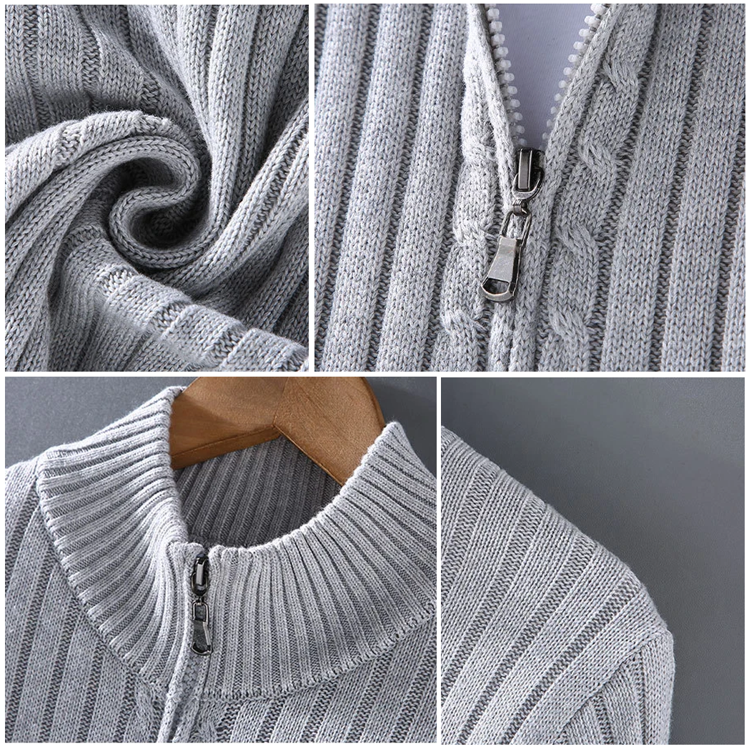 Menns Cardigan med Glidelås og Ribbestrikket Design 2