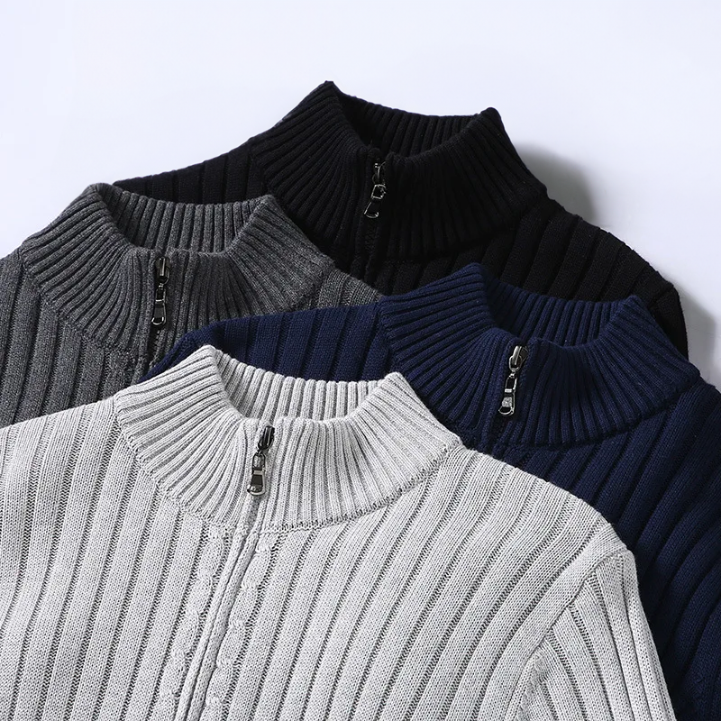 Menns Cardigan med Glidelås og Ribbestrikket Design 3