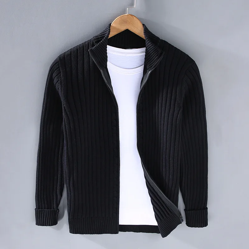 Menns Cardigan med Glidelås og Ribbestrikket Design 5