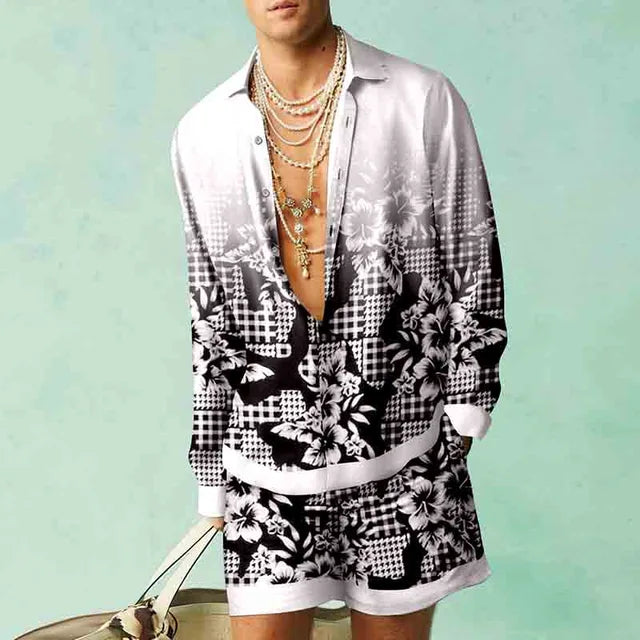 Menns Hawaii Sett Kortermet Skjorte og Shorts Sommer Uformell 4