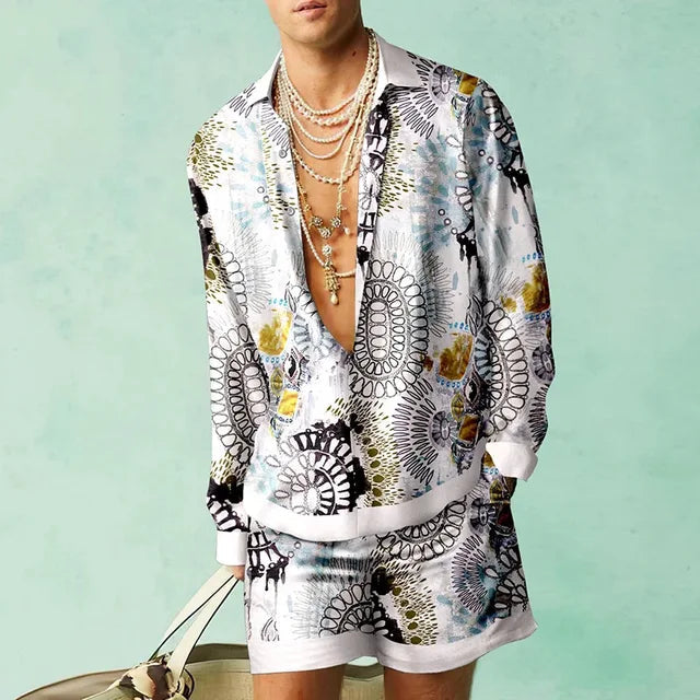 Menns Hawaii Sett Kortermet Skjorte og Shorts Sommer Uformell 6