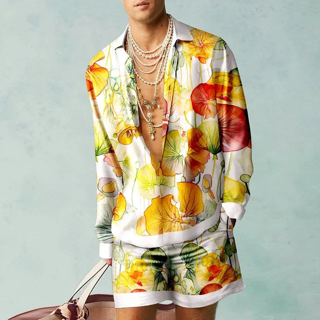 Menns Hawaii Sett Kortermet Skjorte og Shorts Sommer Uformell 8