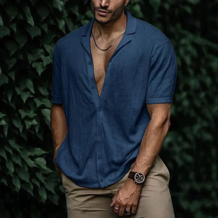 Menns Korte Ermer Button-Down Skjorte V-Hals 5