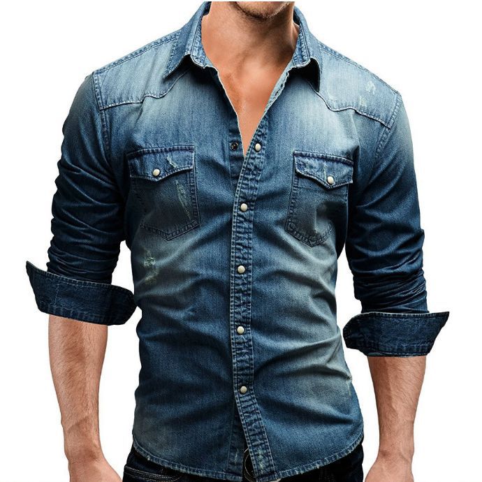 Herre Denim Skjorte Retro Stil med Knapplommer