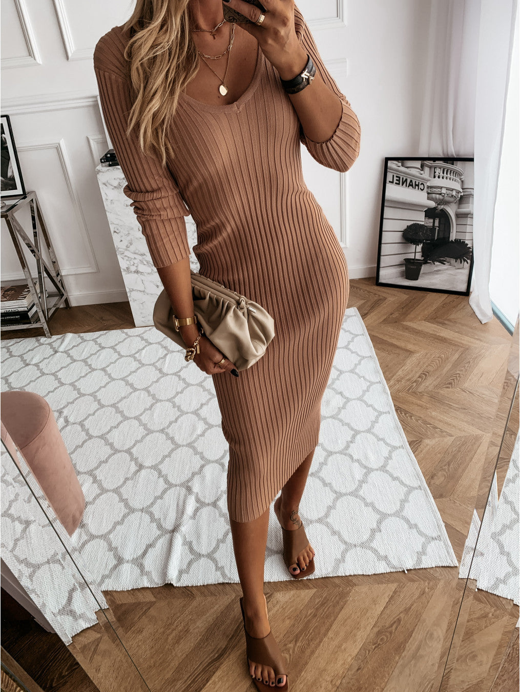 Kvinne Maxi Kjole Langermet Ensfarget