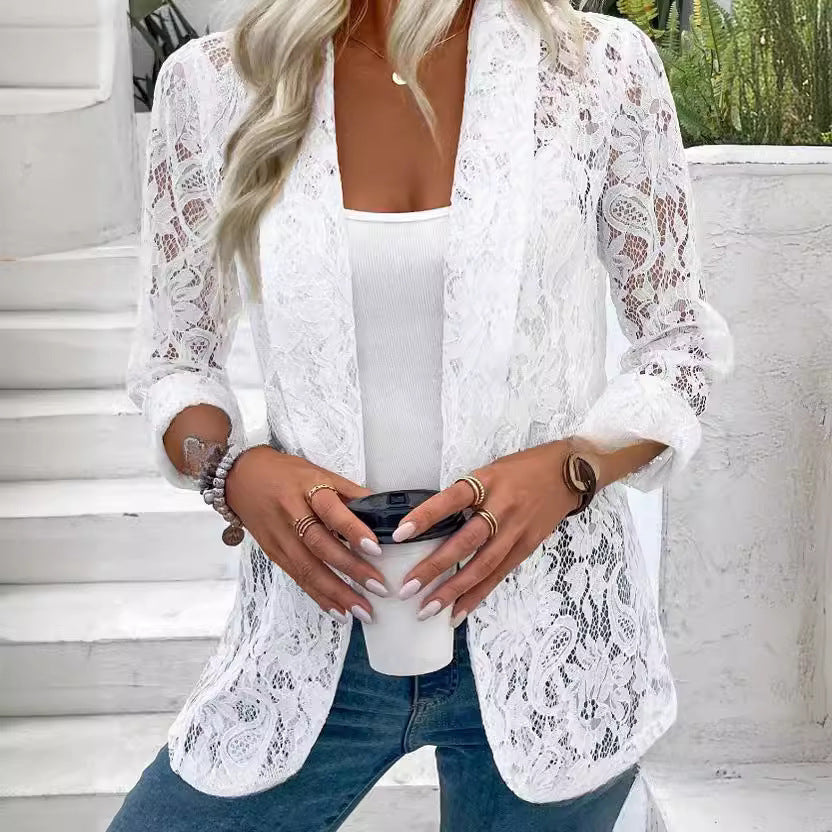 Dame Lace Sleeve Cardigan Åpen Front