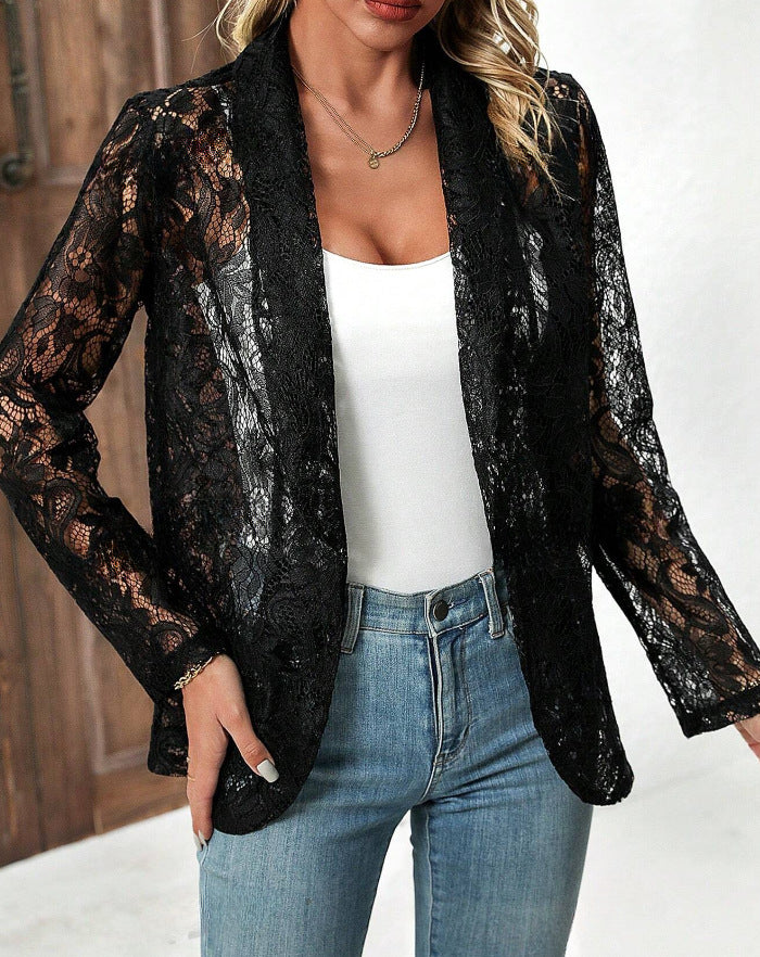 Dame Lace Sleeve Cardigan Åpen Front