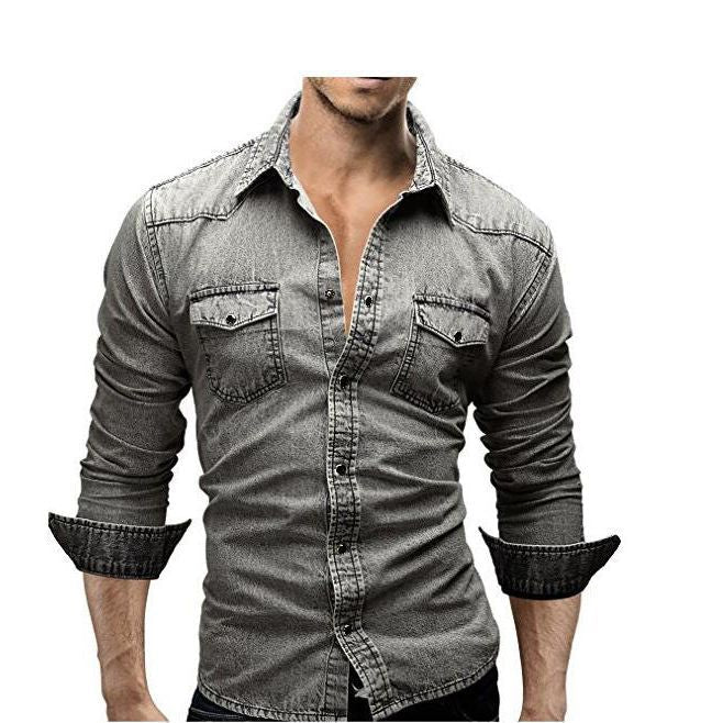 Herre Denim Skjorte Retro Stil med Knapplommer