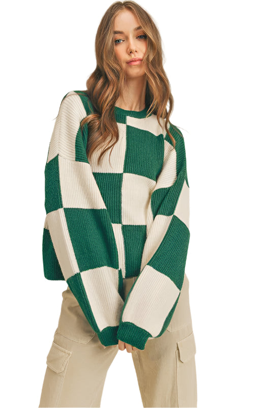 Oversized Pullover med Ruter for Damer i Grønn 0