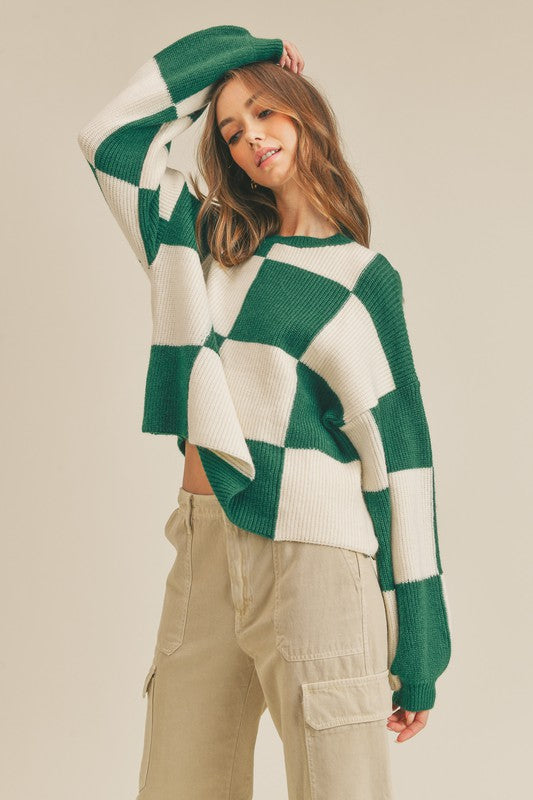 Oversized Pullover med Ruter for Damer i Grønn 2
