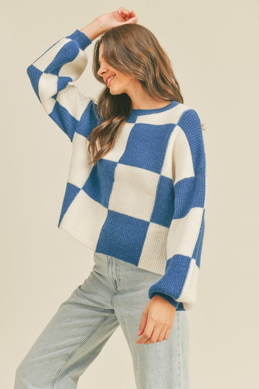 Oversized Pullover med Ruter for Damer i Kobalt 1