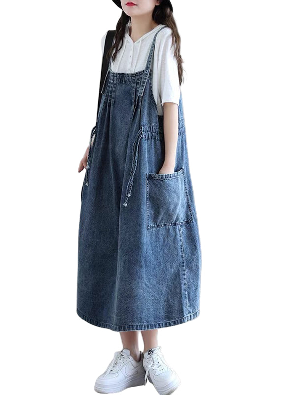 Plus Size Kjole med Spaghettistropper og Lommer i Denim for Dame 0