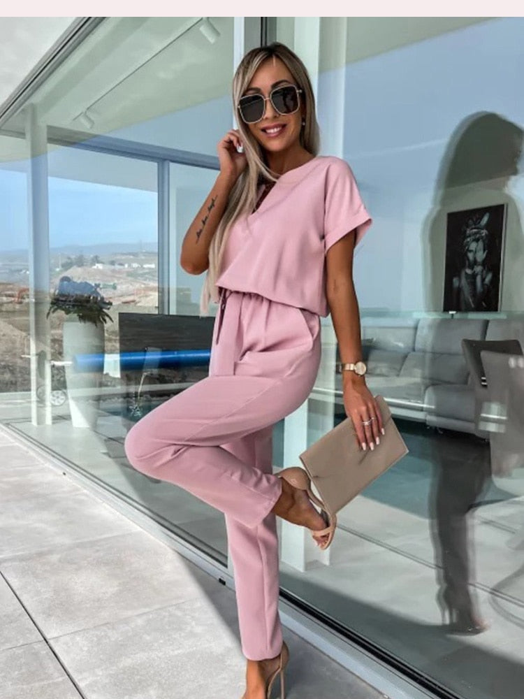 Kvinne Jumpsuit V-hals Korte Ermer Polyester-5