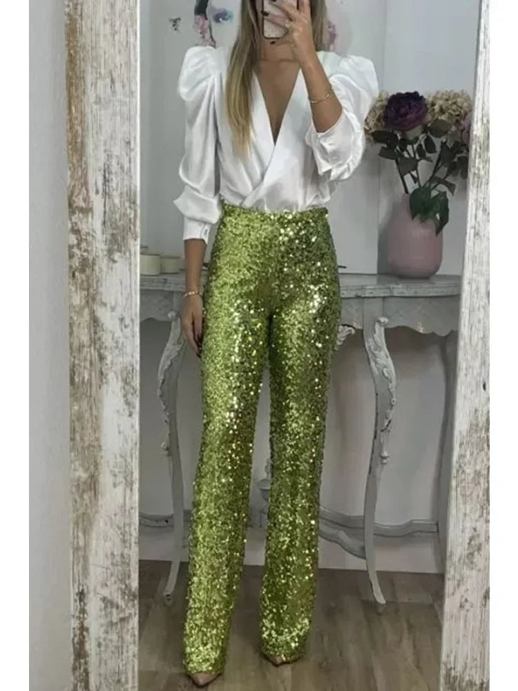 Dame Festbukser Glitrende Paljetter Polyester Elastisk Midjebånd 5