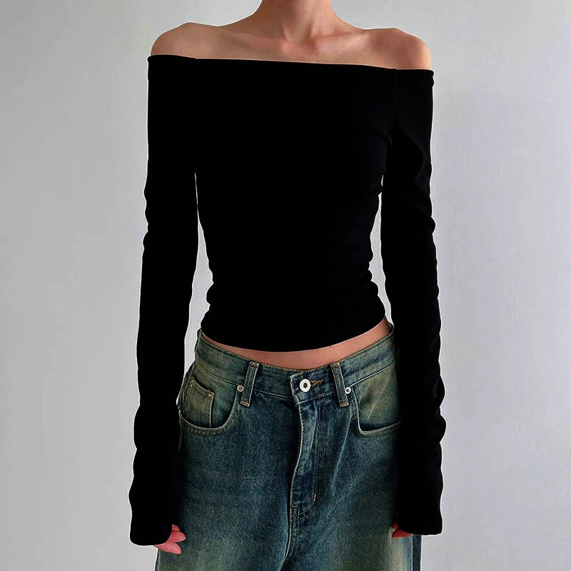 Solide off shoulder topper med lange ermer