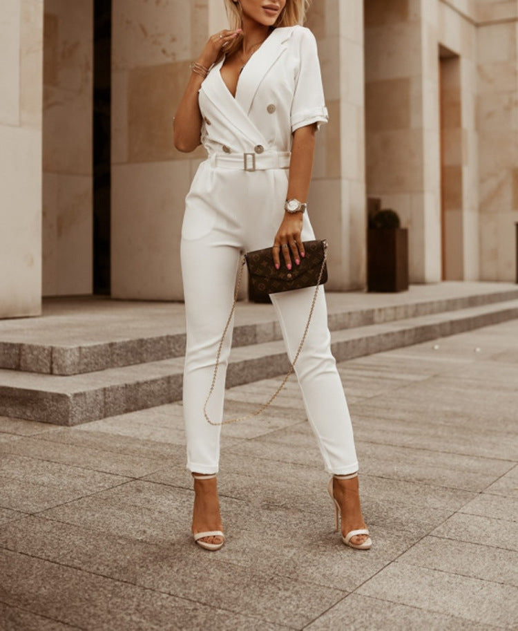 Dame Jumpsuit V-hals Halv Ermer Polyester Elegant Komfortabel-4
