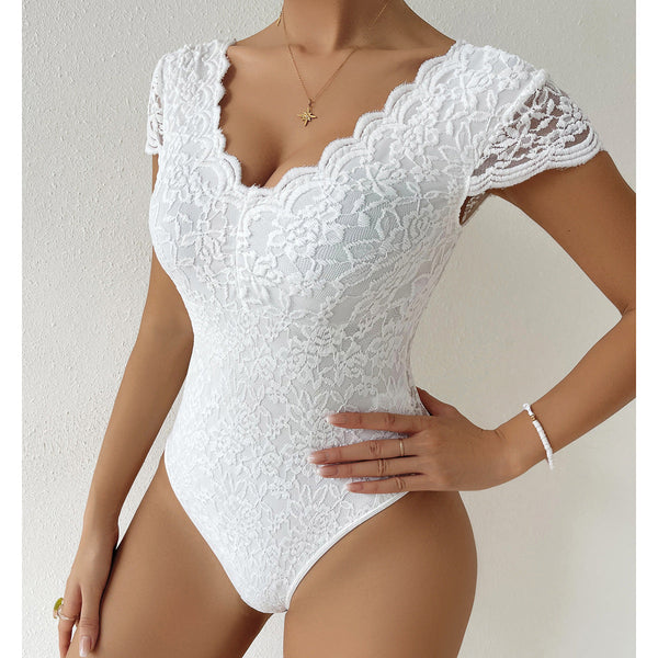 Kvinne Body med Blonde Detaljer Stretch Polyester