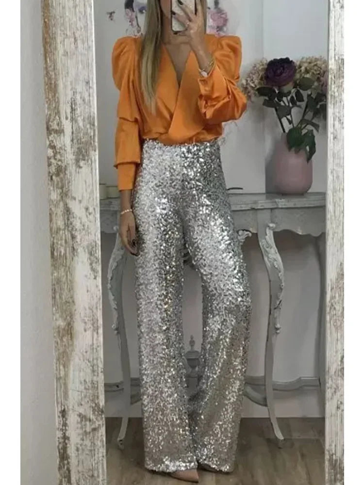 Dame Festbukser Glitrende Paljetter Polyester Elastisk Midjebånd 4